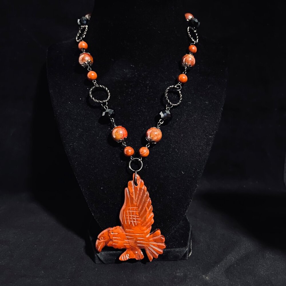Gun Metal Gray Red Jasper & Glass Beaded Necklace W/Carved Red Jasper Eagle NA79